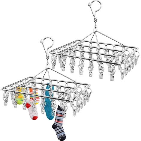 2 Séchoirs Chaussettes Pliables avec 40 Piquets, Cintres Métal Acier Inoxydable avec Clips, Porte Séchoir à Linge Rotatif Coupe-Vent, Étendoir pour Suspension Sous-Vêtements, Soutiens-Gorge,Gants,Bébé (1/5)