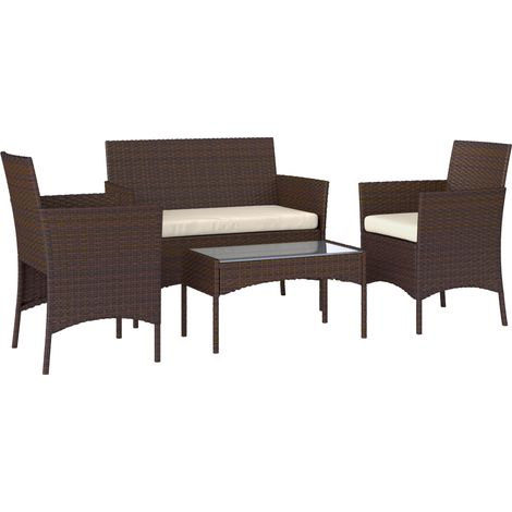 Set da Giardino 4 Pezzi con Divano 2 Sedie e Tavolino Basso con Piano in Vetro in Rattan Beige e Marrone
