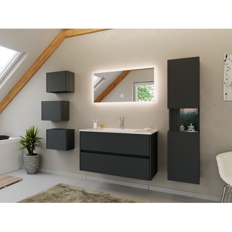 Badmöbel Set Taifun 4tlg. 100 cm mit LED Spiegel, 3er Boxen und Hochschrank Grafit (1/5)