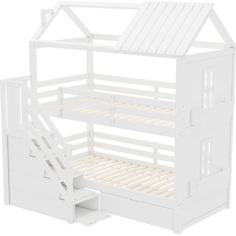 Kinder-Hochbett 90 x 200 cm mit Stauraumtreppe, Schubladen und Regalen, Kiefer und MDF, weiß (1/5)