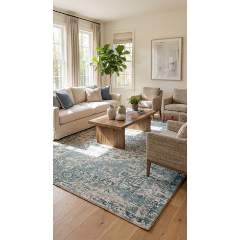 Tapis en viscose Ambrosia - Viskosetapis - 300x230cm, Rectangular - 100% Viscose - Tufté main - Bleu pétrole (1/5)
