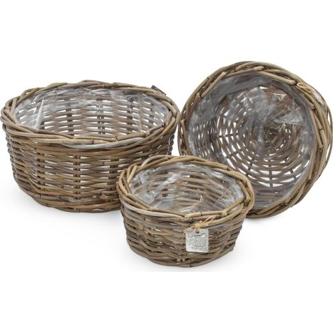 Pflanzschale aus Rattan im 3er Set - 30 / 26 / 21 cm - Blumentopf mit Folie ausgekleidet - Garten Deko Pflanztopf Weidekorb Blumenkorb Pflanzkorb Flechtkorb für Blumen