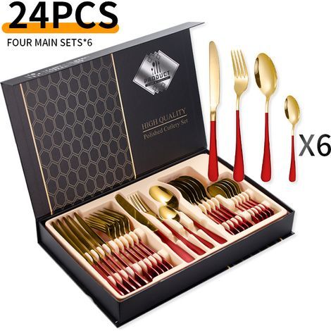 24-teiliges Edelstahl-Besteckset – für 6 Personen – rot/gold (1/5)