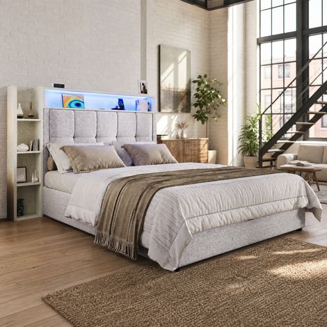 MEUBLIV Letto 90x200 cm beige - contenitore idraulico, LED e USB-C, senza materasso (1/5)