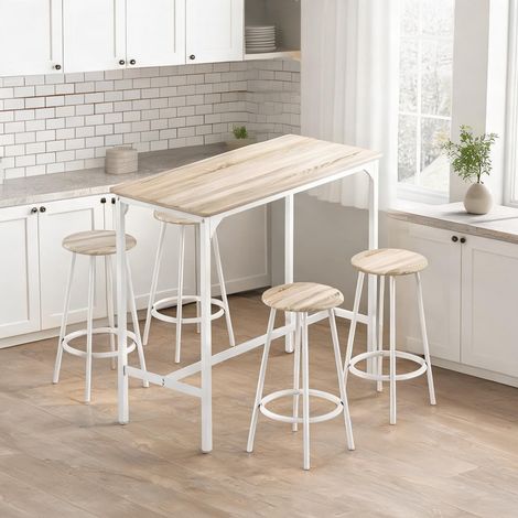 Set table haute 110 cm et 4 tabourets de bar en bois chêne effet (1/5)