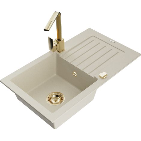 Mexen Pablo 1 Becken-Granitspüle mit Abtropffläche und Mischbatterie Rita, Beige - 6510-69-670300-50 (1/5)