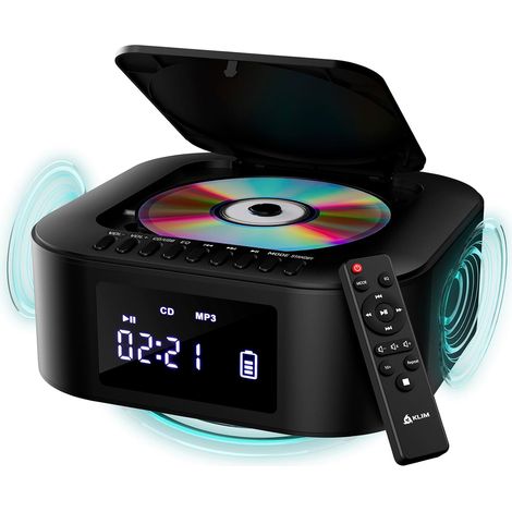 Boombox E1 Poste Radio CD Portable - Extra Bass Subwoofer - Bluetooth USB Tuner FM avec Présélections Automatiques, Batterie Rechargeable Longue Durée, Port Auxiliaire Universel - Noir Argent (1/5)