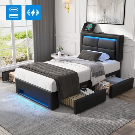 MEUBLIV Letto 90x190 cm nero – LED, USB e 4 cassetti, senza materasso (1/5)