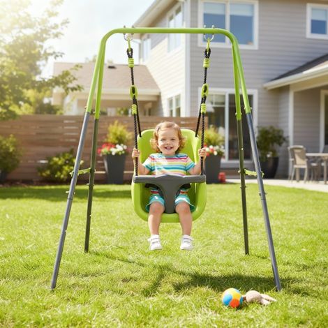 Babyschaukel mit Ergonomischem Ganzkörpersitz und Schrittgurt für Innen und Außen aus Stahl Grün 145 x 94 x 118 cm