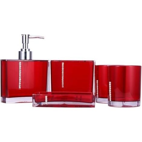 Accessoires de salle de bain, Porte-brosse à dents, Distributeur de savon, Facile à installer, Résine, Design rouge (1/5)