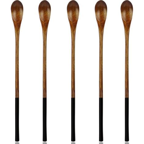 Cuillères en bois, ensemble de 5 cuillères à long manche en bois naturel pour mélanger le café, le thé glacé et les boissons chaudes (1/5)