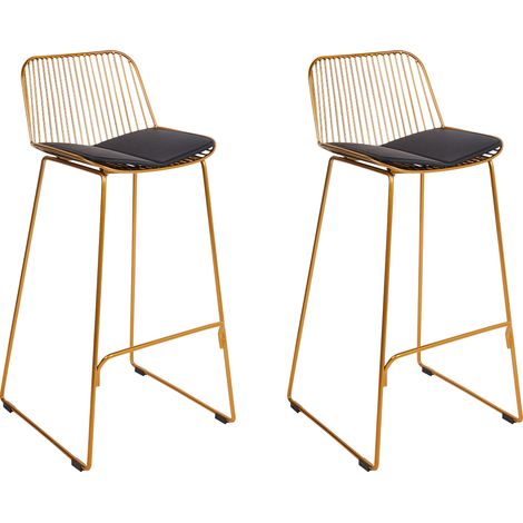 Conjunto de 2 sillas de bar de metal respaldo de alambre asiento de piel sintética dorado Pensacola