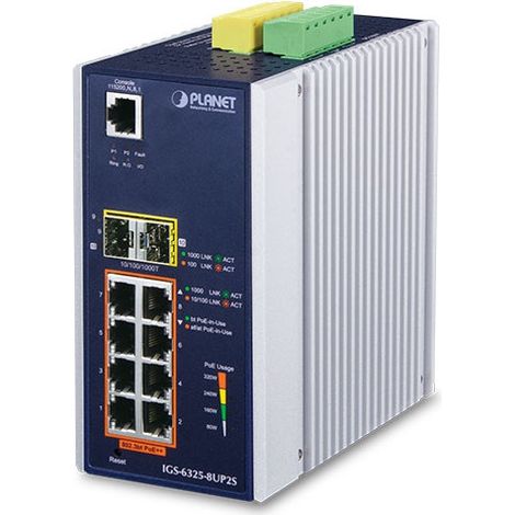 Switch industriel Planet P30 DIN L3 8P 10/100/1000T 802.3bt PoE + 2 ports 100/1000X SFP administrable, IGS-6325-8UP2S