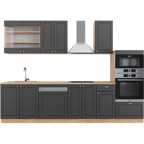 Mueble de cocina Fame-Line, Antracita Casa de campo/Roble kraft dorado, 300 cm con armario alto, ET Roble, Vicco