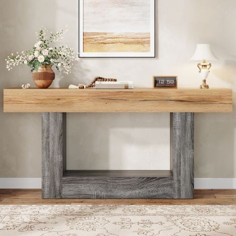 Console d'Entrée 160 cm avec Plateau Épais et Étagère Ouverte, Table Console Design en Panneaux de Particules pour Couloir et Salon – Style Naturel Moderne & Wabi-Sabi (1/5)