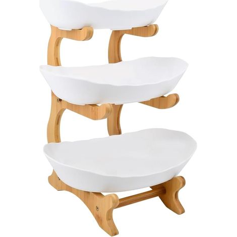 Alzata per frutta, cesto per frutta in ceramica con robusto supporto in legno, ideale per servire torte, frutta, dessert e decorazioni - 14 x 22,5 x 32 cm - bianco (1/3)