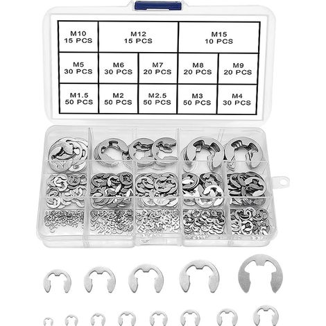 390 Pièces Bague de Retenue Externe Snap Kit, En Acier Inoxydable E-Clip Anneau de Retenue Externe Snap Kit, 13 Tailles M1.5/2/2.5/3/4/5/6/7/8/9/10/12/15 avec Boîte en Plastique (1/5)