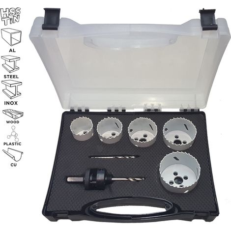 7 tlg Lochsägen-Set von 38 bis 64 mm, HSS Bi-Metall