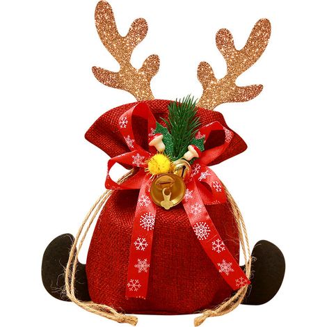 Sac à pommes de Noël, sac cadeau de la veille de Noël, sac cadeau pour enfants - rouge avec des bois de renne et de grosses cloches (1/2)