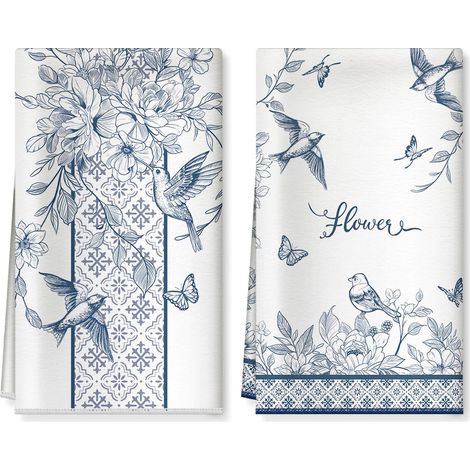 Torchons De Cuisine Microfibre Vaisselle Lot de 2, Serviettes de Cuisine Torchon Vaisselle, Doux et Super Absorbant Accroche Très Serviettes de Bar 40 x 60CM Oiseau Bleu (1/5)