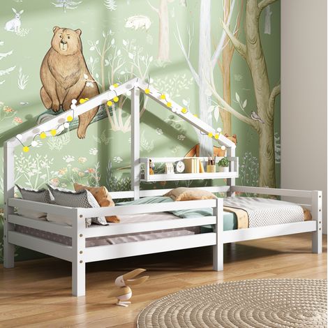 Letto a casetta bambini 90 x 200 cm in legno di pino con ripiano portaoggetti senza cassetti, bianco (1/5)