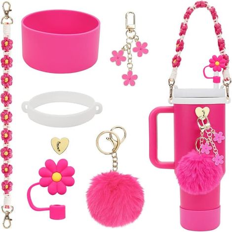 Kit d'accessoires Coupe Stanley avec chaînette à billes, paille en forme de fleur et pompon rouge M