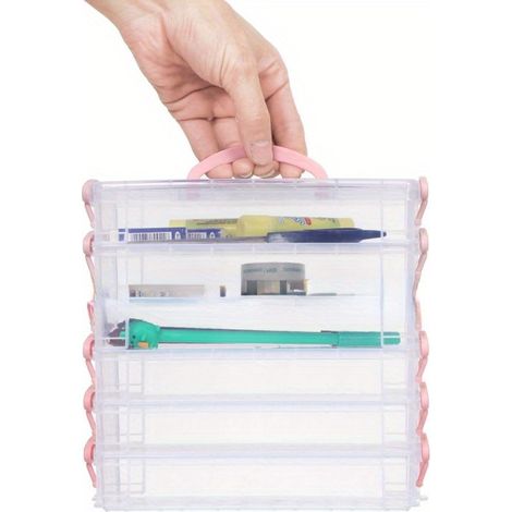 1 boîte de rangement pour crayons de couleur, pinceaux et stylos aquarelle à 6 niveaux, portable, empilable et amovible, organisateur de fournitures scolaires, fermeture rose transparente. (1/5)
