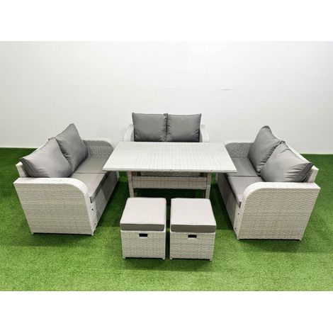 Fimous 8 Seater PE Wicker Rattan Furniture Sofa Sets with Rectangular Dining Table 2 Seater Love Sofa 2 Stool Light Grey (1/4)