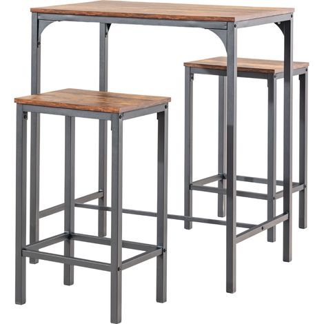 FurnitureR 3pcs Bar Sets, Bistro Bar Tisch + 2 Hocker, Frühstückstisch mit 2 hohen Hockern, Stahlrahmen, für Küche, Esszimmer, Wohnzimmer, Braun (1/3)