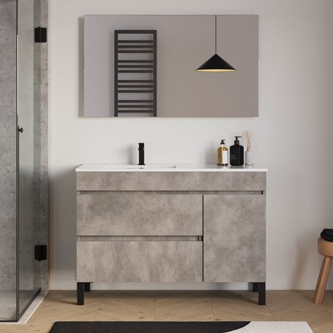Meuble de salle de bain 120cm sur pieds avec vasque déportée à gauche avec porte et tiroirs - ciment (gris) - LAZARO (1/5)