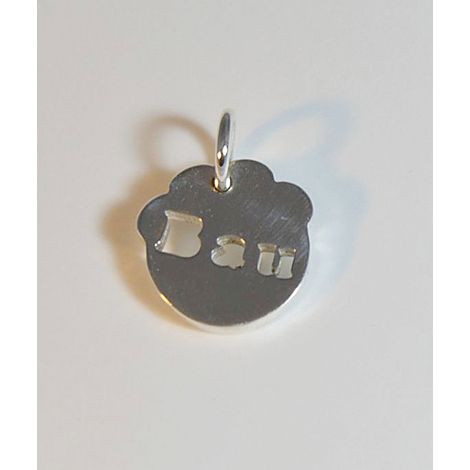 Silberanhänger mit Fußabdruck-Silhouette und durchbrochenem BAU-Schriftzug, komplett mit kostenlosem Halsband