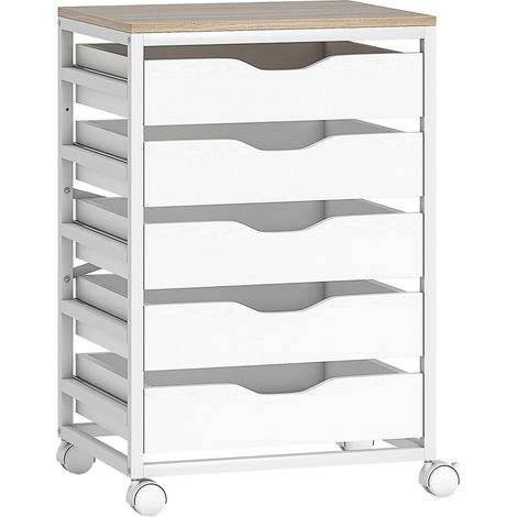 Caisson bureau mobile en bois - 50 x 40 x 74,5 cm, blanc - 5 tiroirs avec poignées encochées - Meuble rangement sur roulettes - Pour bureau - Design pratique (1/5)