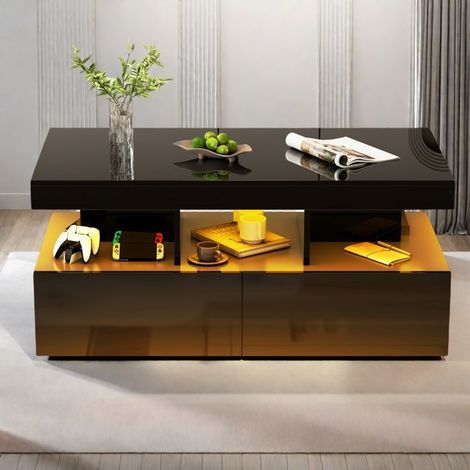Couchtisch - TANANT - Couchtisch LED - 2 Schubladen - 5 Fächer - Schwarz - Modern
