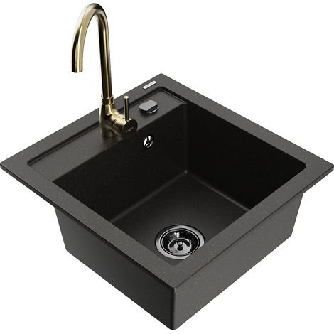 Mexen Vito Granitspüle 1-becken mit Telma Küchenarmatur, schwarz/gold metallisch - 6503-75-670200-50-B (1/5)