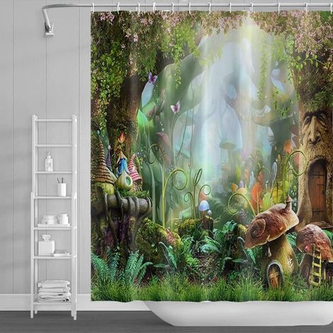 140x183cm Conte de Fée Champignon Rideau de Douche Magie Fantaisie Forêt Jungle Arbre Bain Vert Gazon Feuille Floral pour Salle de Bains Polyester avec Crochets (1/5)