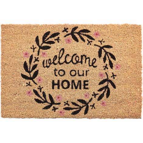 Felpudo moderno de interior 40 x 60 cm motivo texto reverso de PVC antideslizante fibra de coco natural Sayan (1/5)