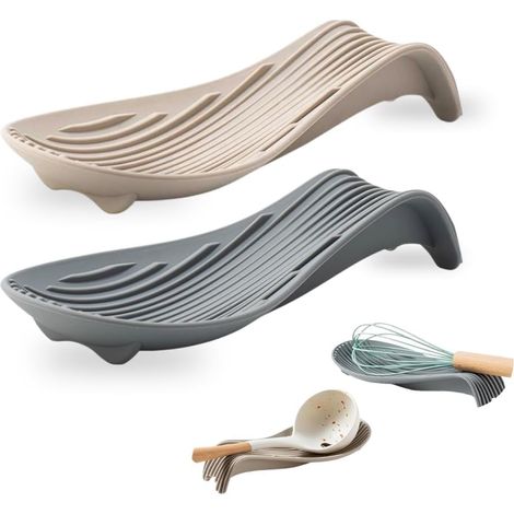 Repose Cuillère Silicone - Lot de 2 - Gris et Beige - Antidérapant et Anti-Gouttes - Résistant à la Chaleur (1/5)