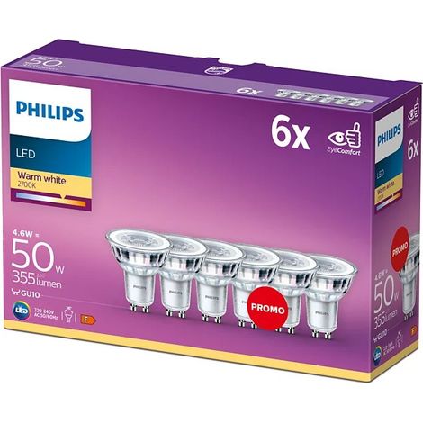 Philips – Ampoule LED Spot GU10 4,6W blanc chaud – Verre transparent – Lot de 6 – Durée de vie 15000h – Angle d'éclairage 36° (1/7)