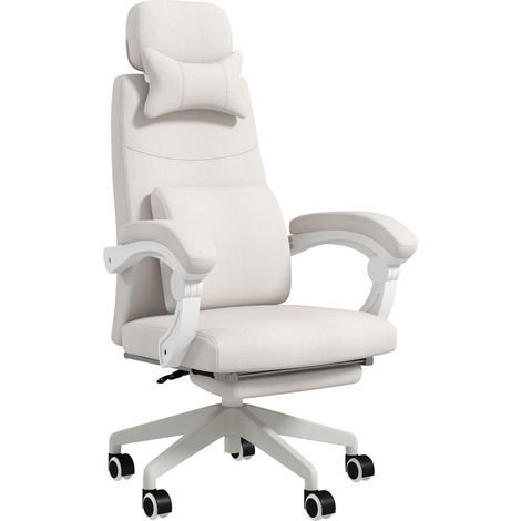 Linen-Look Office Chair, with 160° Reclining Back Footrest - White (1/5)