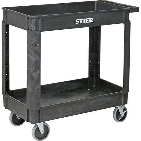 STIER Kunststoff-Vielzweckwagen mit 2 Etagen und 4 lenkbaren Rollen, 250 kg Tragkraft, Maße: 870 x 430 x 850 mm, Montagewagen, Werkzeugwagen, Farbe grau