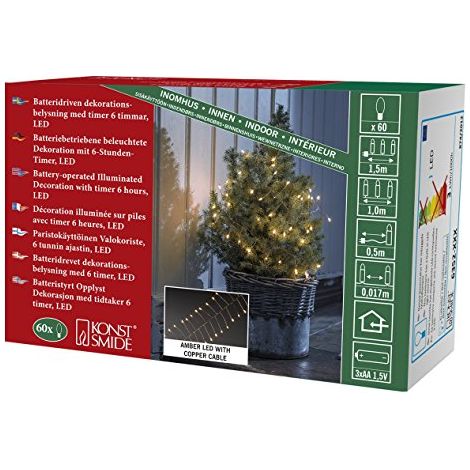 Konstsmide, 1465-890 - Catena luminosa con micro LED, Firecracker, con timer 6H, 60 diodi ambra, funzionamento a batteria, interno, filo argentato (1/3)