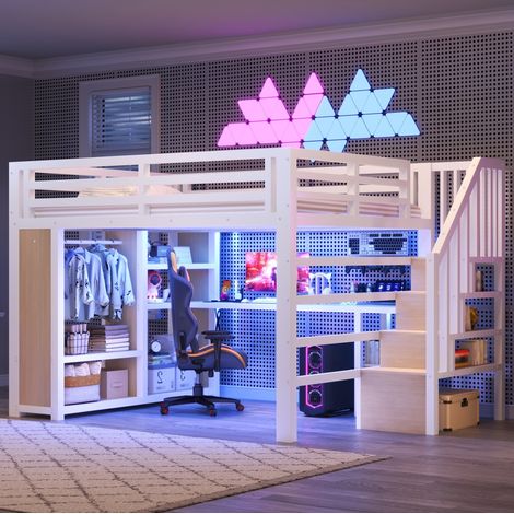 Cama alta 140/200 cm blanca de metal con escritorio, LED, carga USB y armario abierto (1/5)