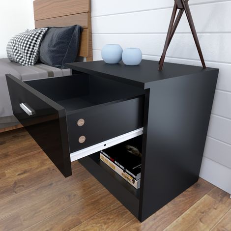 ELEGANT Modern High Gloss Bedside Cabinet Night Stand Storage Shelf with Bin Drawer, for Bedroom or Home Storage Organizer, Black (1/4)