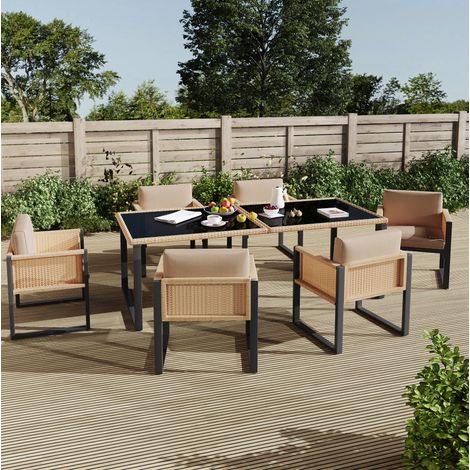 Salon de jardin repas en rotin PE noir et marron, table avec verre trempé et 6 fauteuils avec coussins déhoussables (1/5)