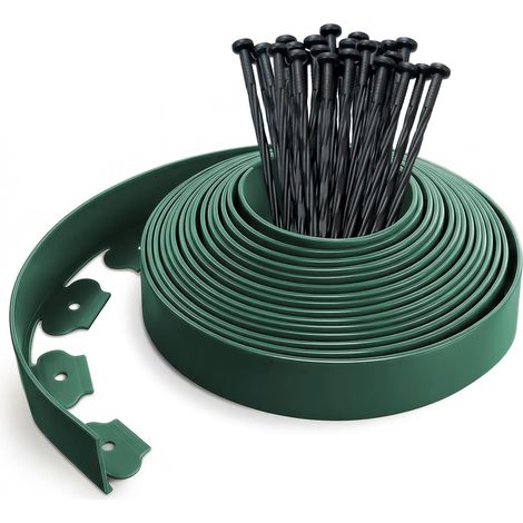 Bordure de Jardin Plastique Flexible 10m Vert Foncé + 30 Piquets, Hauteur 50mm Épaisseur 4mm