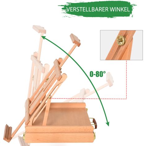 Chevalet de table inclinable réglable avec poignée, chevalet valise pour peinture et dessin, chevalet d'atelier pliable avec tiroir, bois de hêtre naturel (1/4)