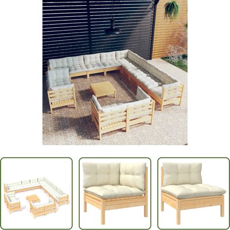 Terrassensofa -  14-tlg. Garten-Lounge-Set mit Creme Kissen Massivholz Kiefer (1/5)