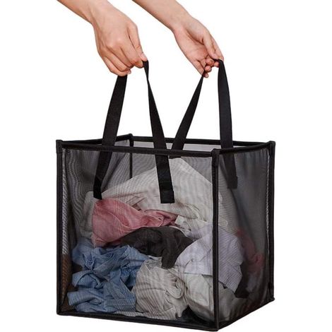 Panier à linge, panier à linge en filet, panier portable et pliable, panier à linge noir, panier de rangement avec poignées pour le linge (1/5)