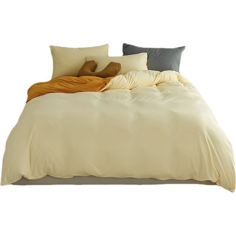 Parure de lit double en microfibre crème et jaune avec fermeture éclair, housse de couette réversible 220x240 cm, 2 taies d'oreiller 48x74 cm + drap-housse 230x250 cm