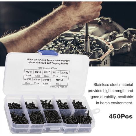 Kit d'assortiment de 450 vis autotaraudeuses noires à tête cruciforme M3 (1/5)
